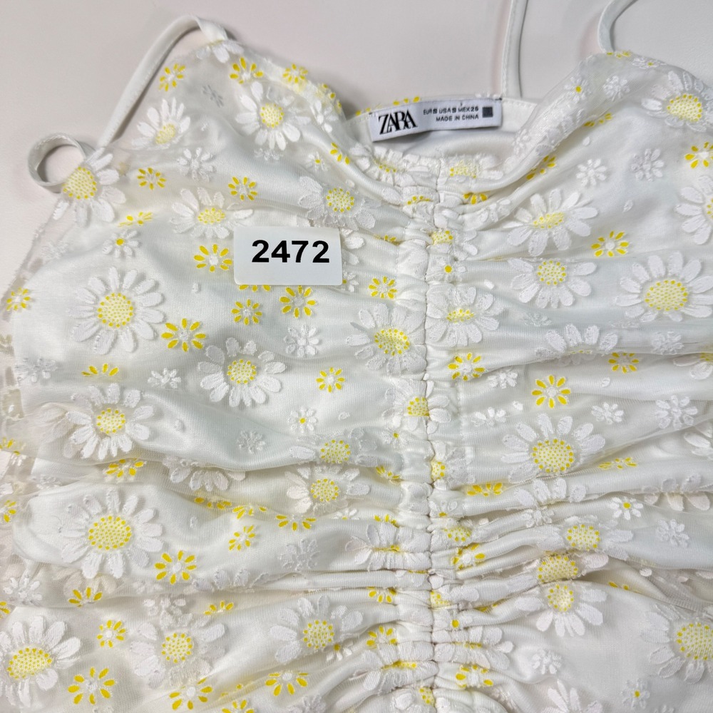 Zara White‎ Floral Mesh Top Sheer Ruched Crop Camisole Boho Summer Womens Small - Picture 9 of 10